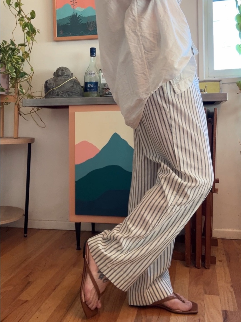 Rhythm Cream and Navy Vertical-Strip Tie-Waist Pants
